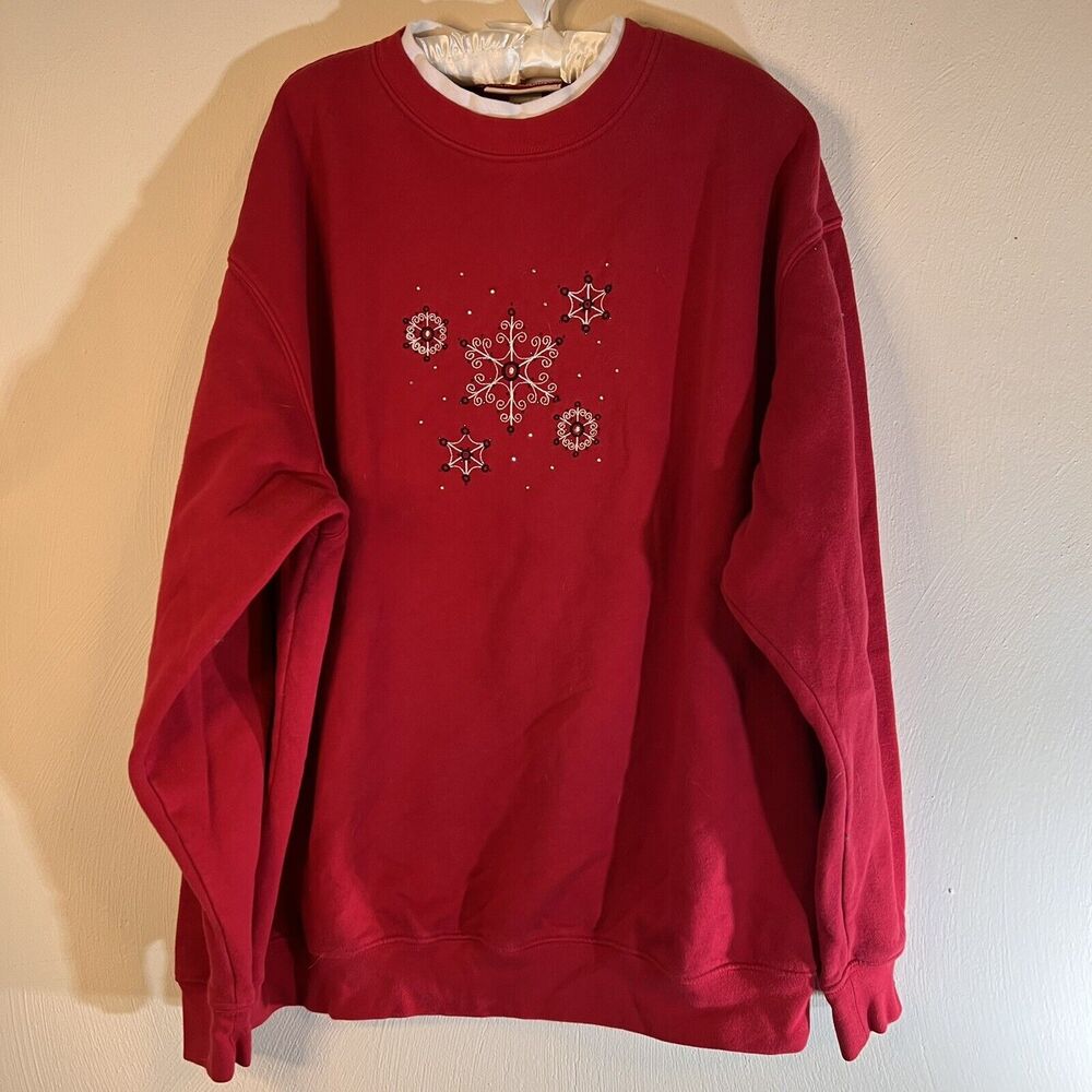 Christmas Sweatshirt Size 1X Snowflakes Holiday Red Mock Neck Grannycore Vintage